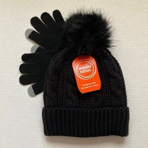 Girls Wonder Nation Black Cable Knit Pom Pom Winter Hat With Matching Gloves NWT